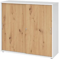 BETA S 1753S | Schiebetürenschrank | 3 OH Bogengriff Metall Weiß/Asteiche