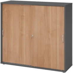 BETA S 1753S | Schiebetürenschrank | 3 OH Bogengriff Metall Graphit/Nussbaum