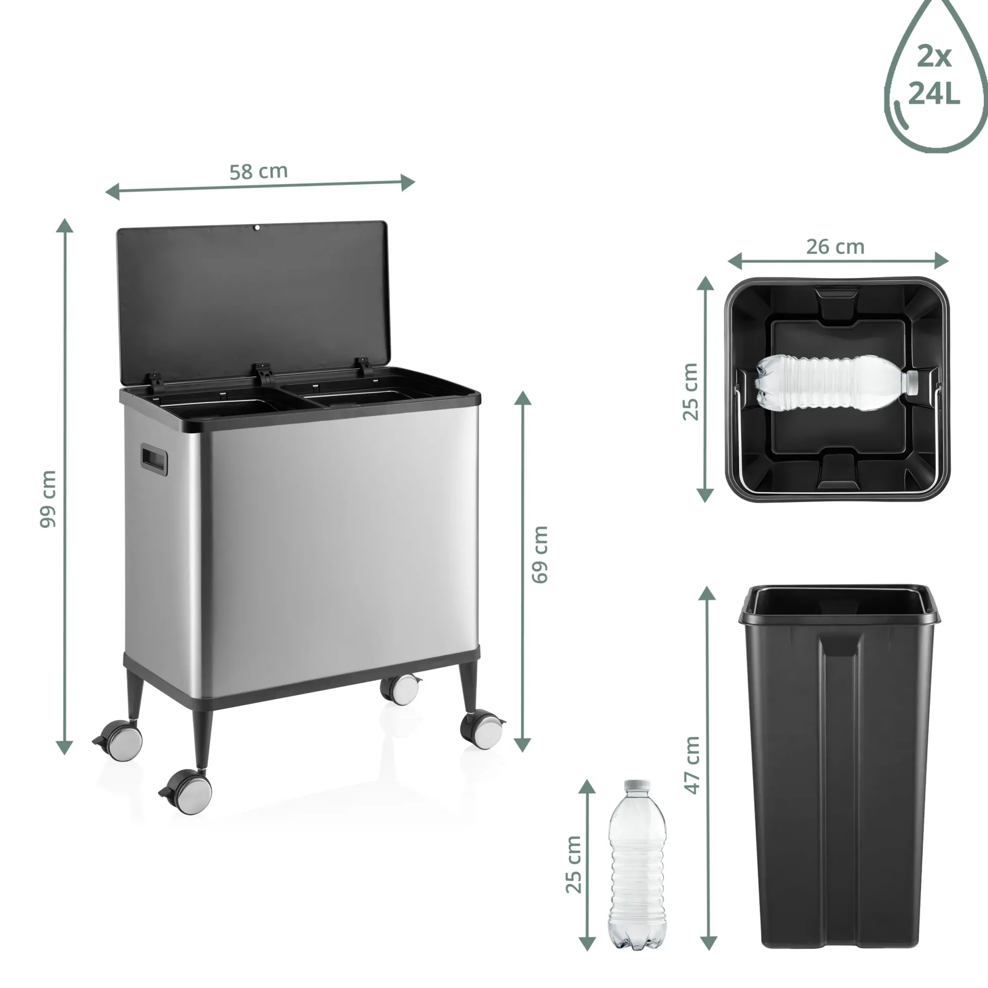 Clean Mobile | 2 x 24L - Mülleimer Silber