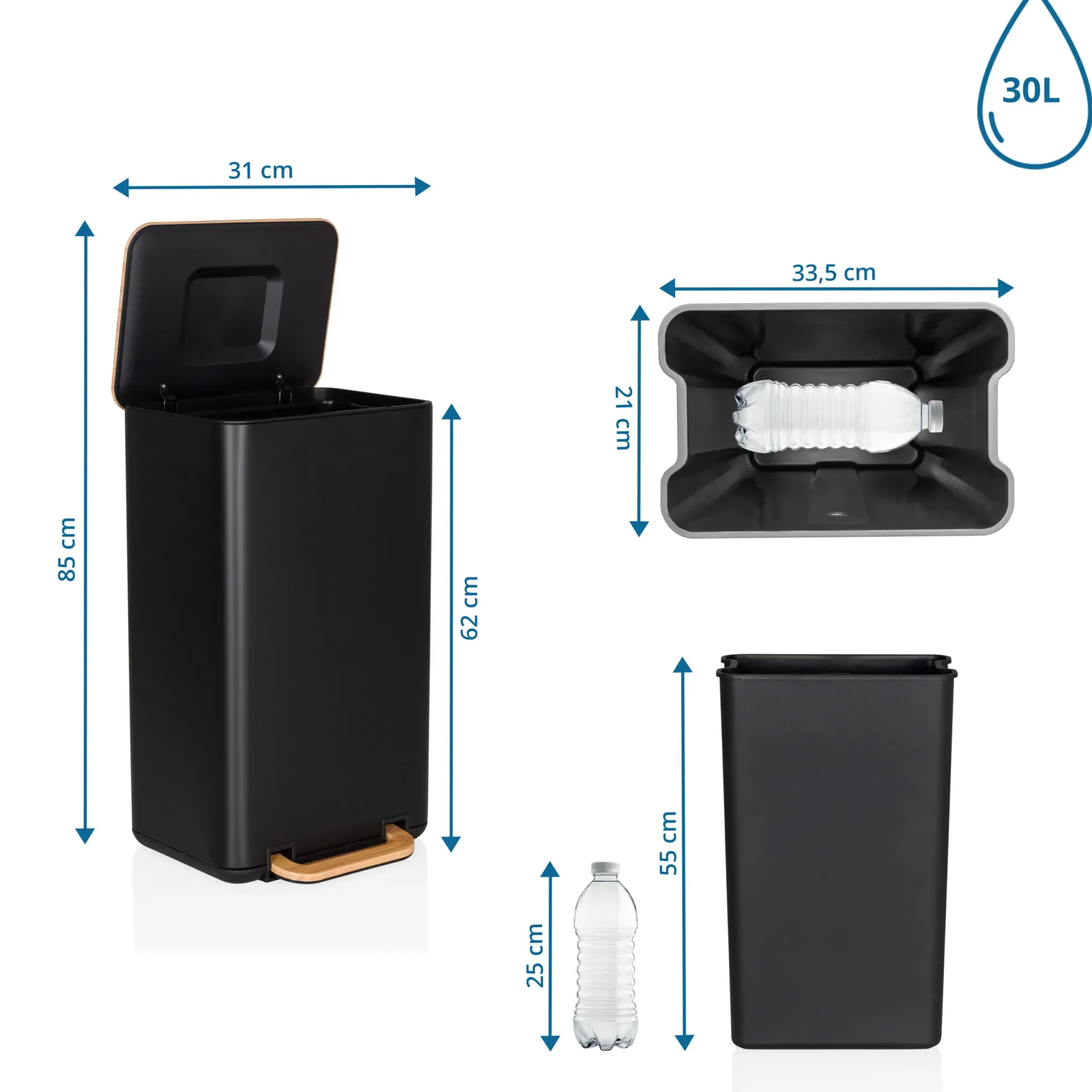 CLEAN NATURA | 30L - Mülleimer Schwarz/Walnuss