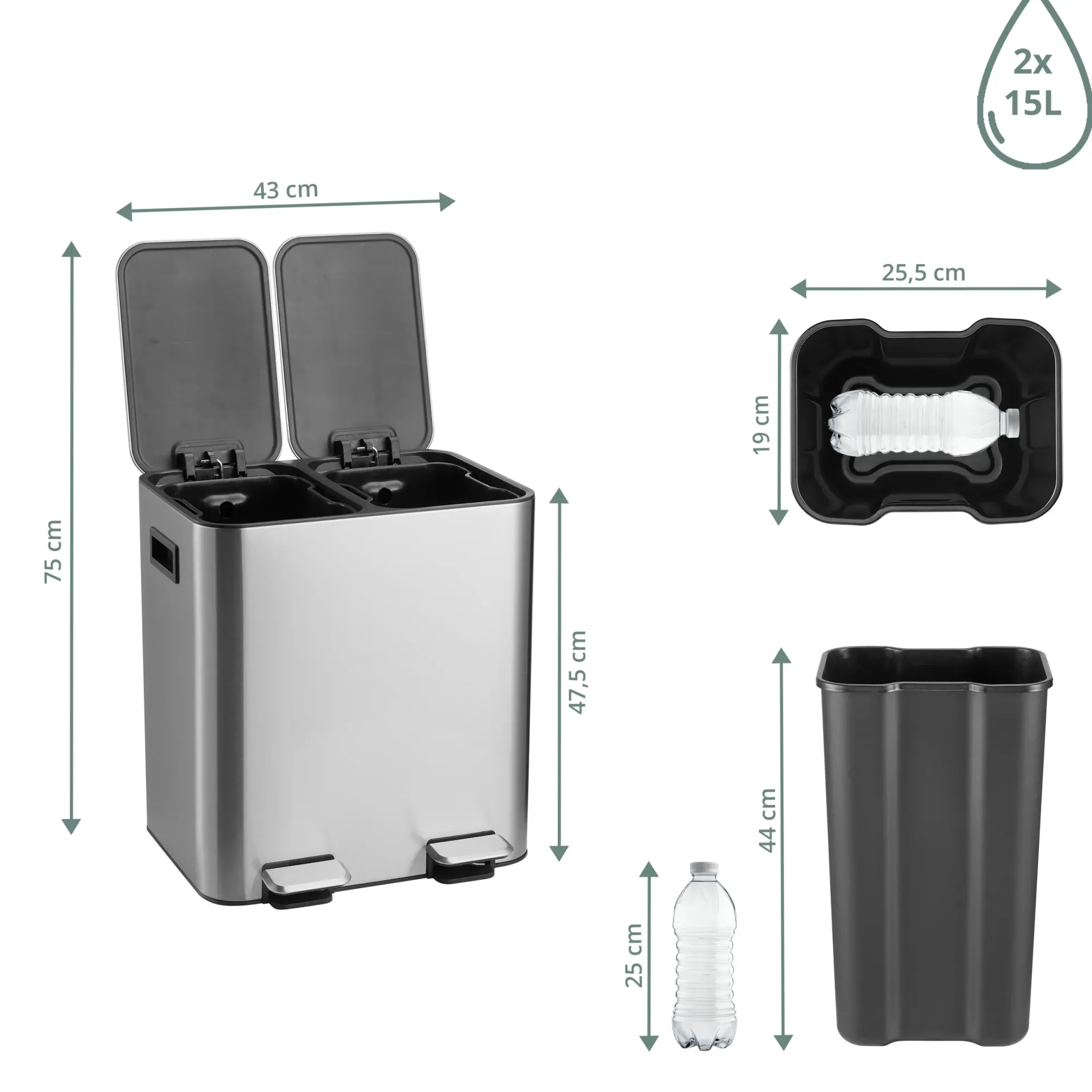 Clean 10 | 2 x 15L - Mülleimer Silber