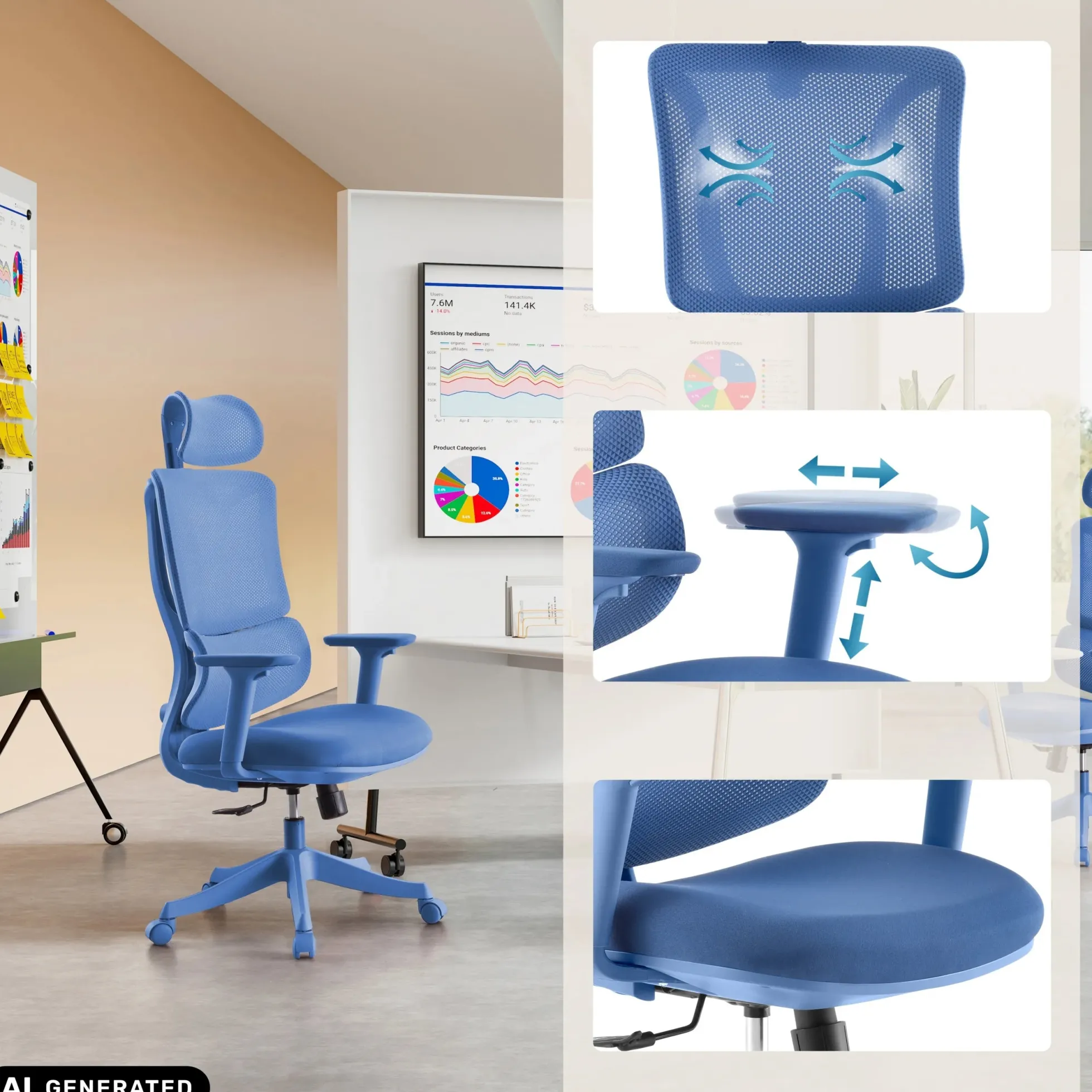 Ergomy Colore | Stoff / 3D Netz | Rahmen: Bunt - Home Office Bürostuhl Blau