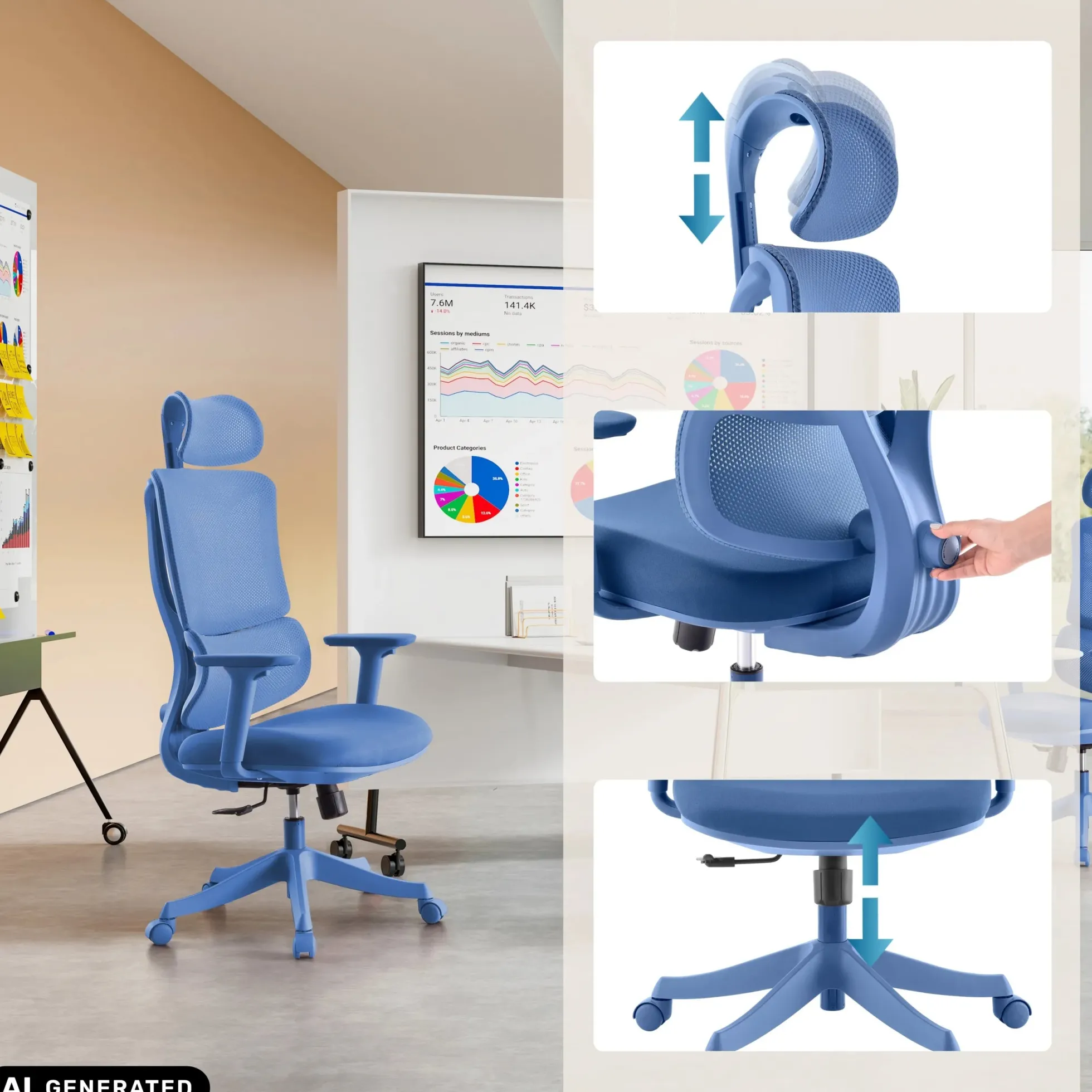 Ergomy Colore | Stoff / 3D Netz | Rahmen: Bunt - Home Office Bürostuhl Blau