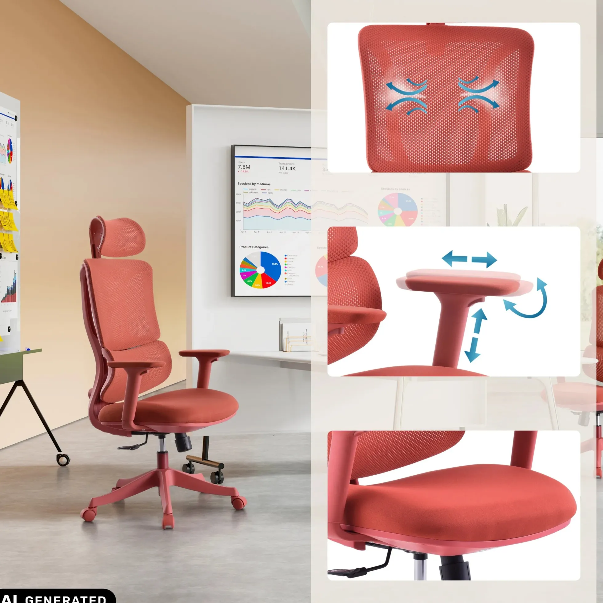 Ergomy Colore | Stoff / 3D Netz | Rahmen: Bunt - Home Office Bürostuhl Rot