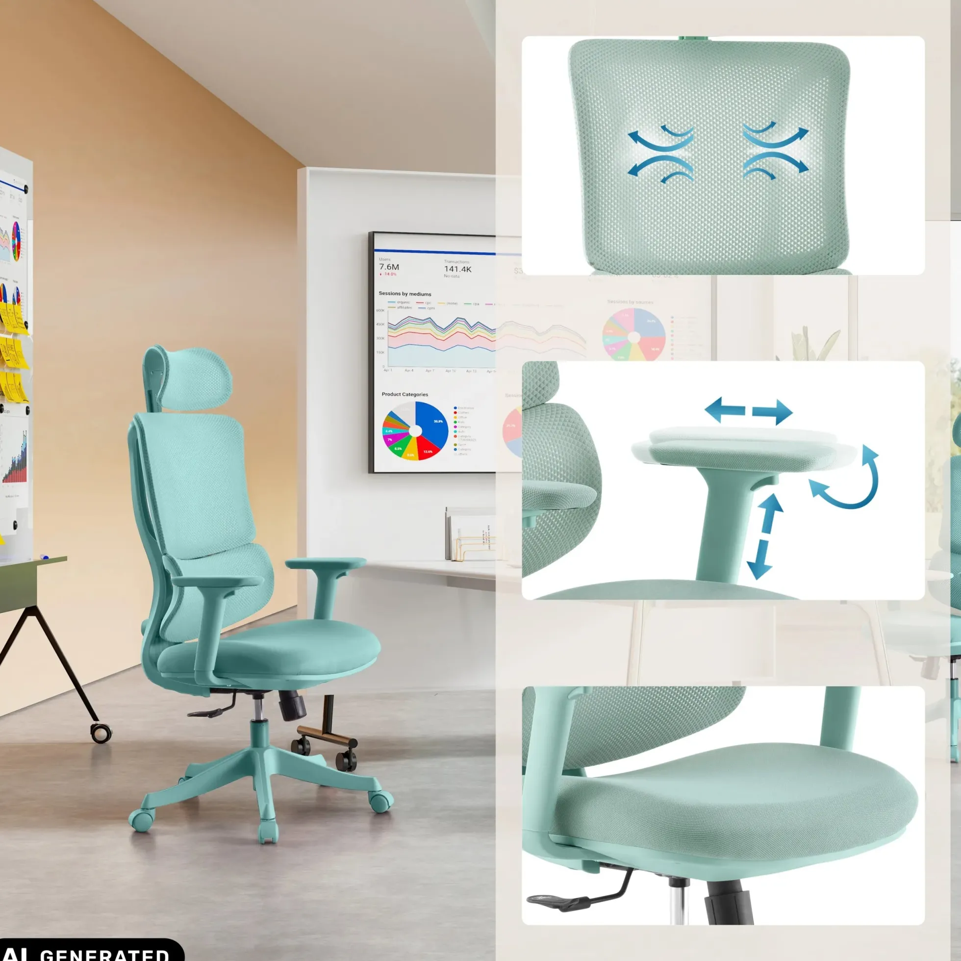 Ergomy Colore | Stoff / 3D Netz | Rahmen: Bunt - Home Office Bürostuhl Türkis