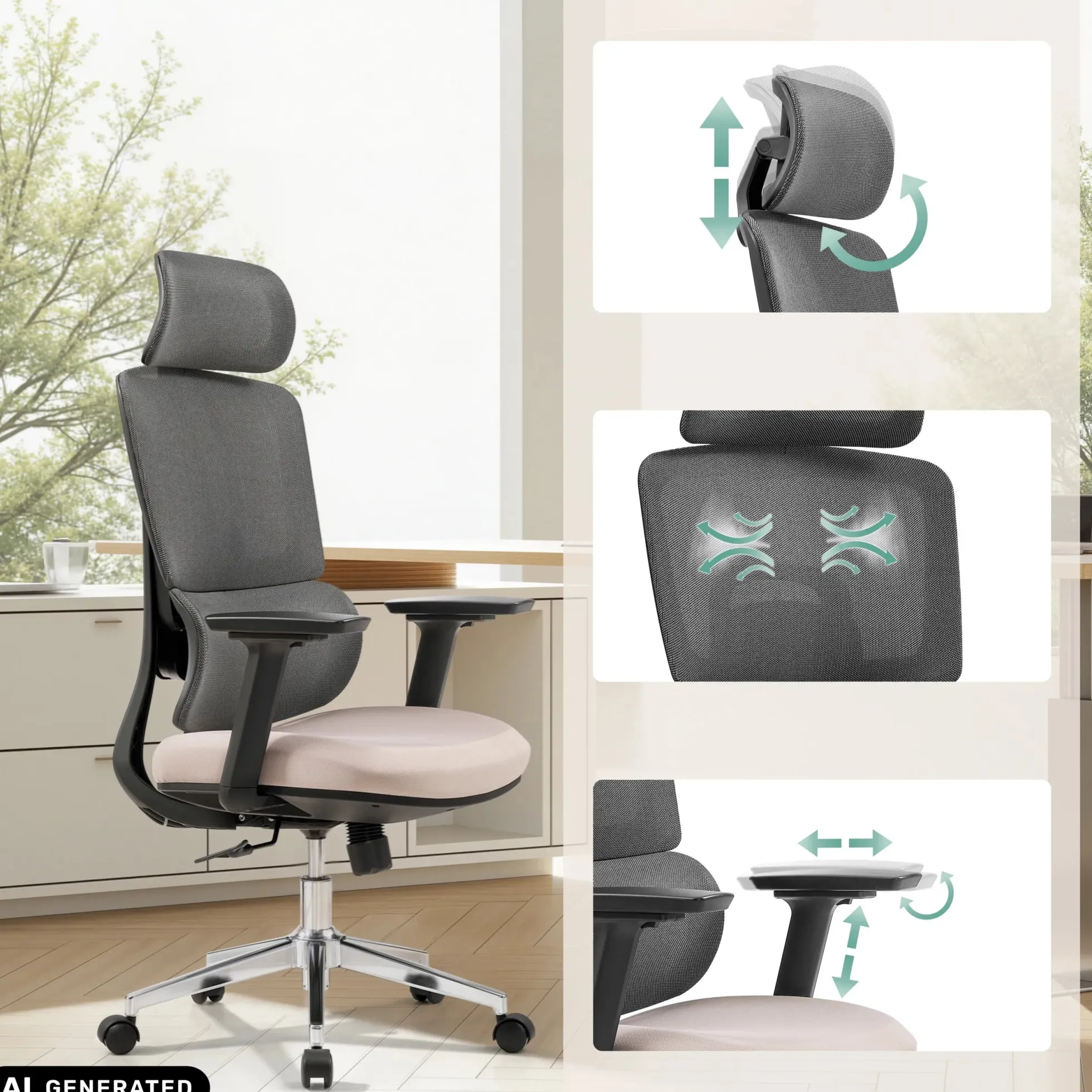 Ergomy Pro | Netzstoff / Stoff - Profi Bürostuhl Dunkelgrau/Beige