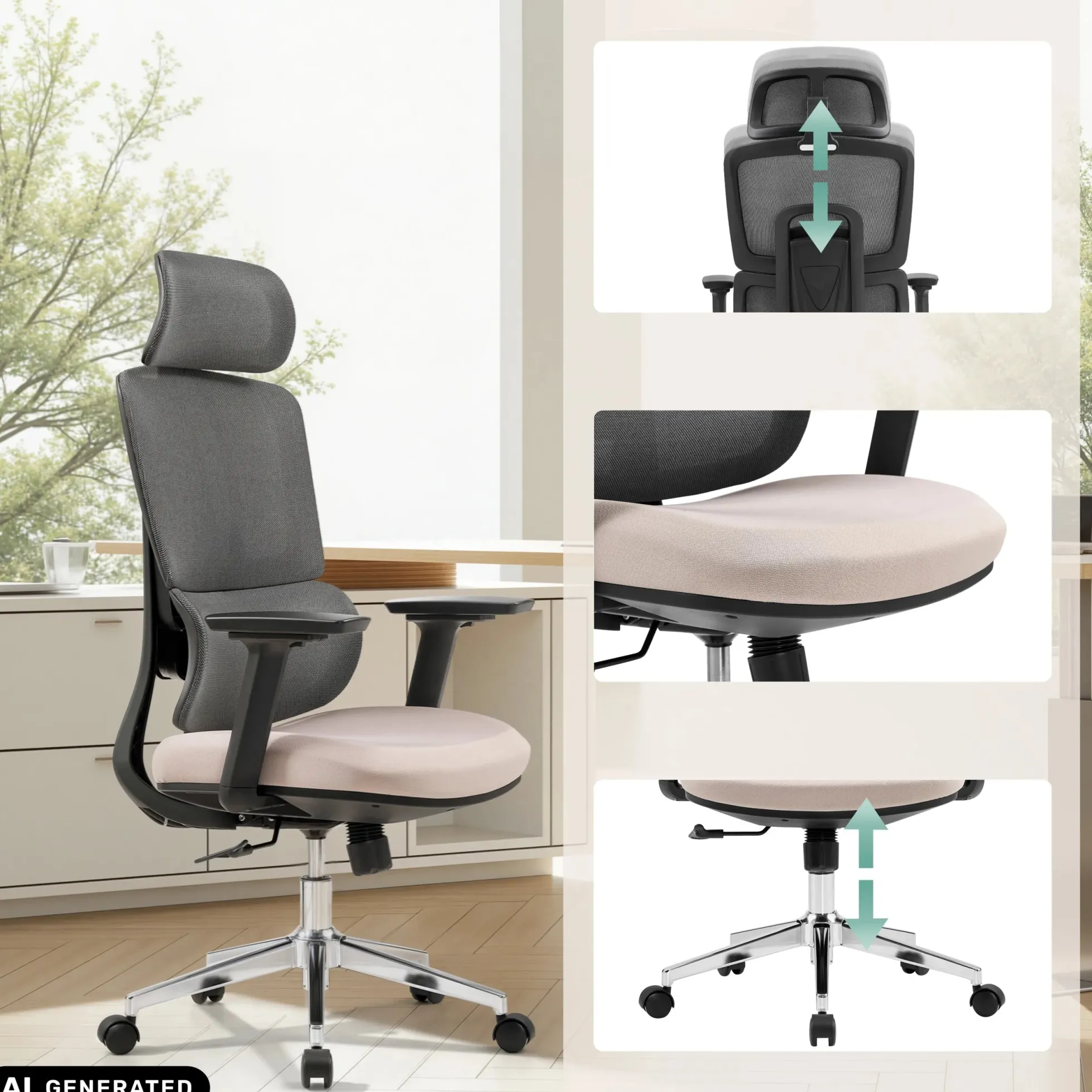 Ergomy Pro | Netzstoff / Stoff - Profi Bürostuhl Dunkelgrau/Beige