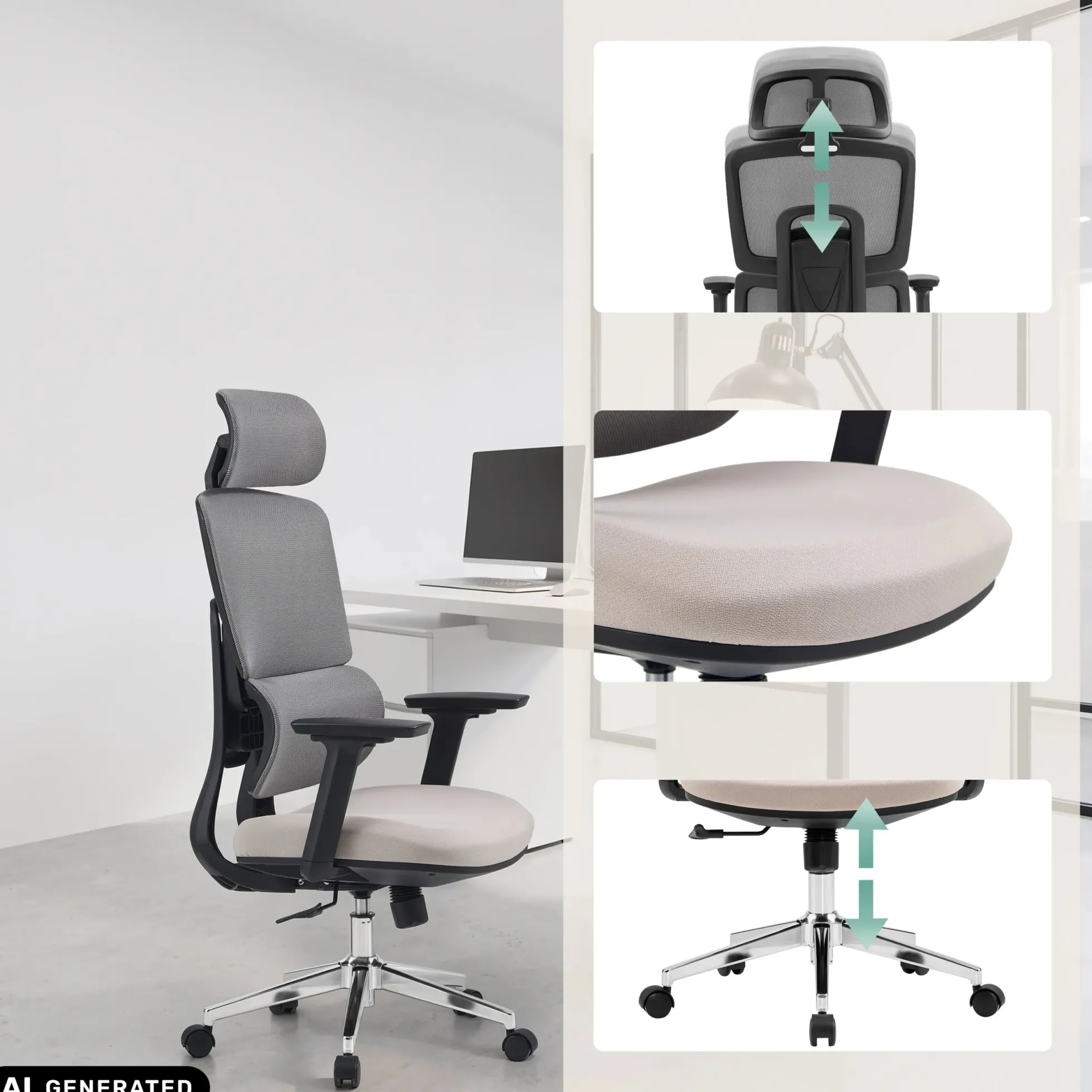 Ergomy Pro | Netzstoff / Stoff - Profi Bürostuhl Grau/Beige