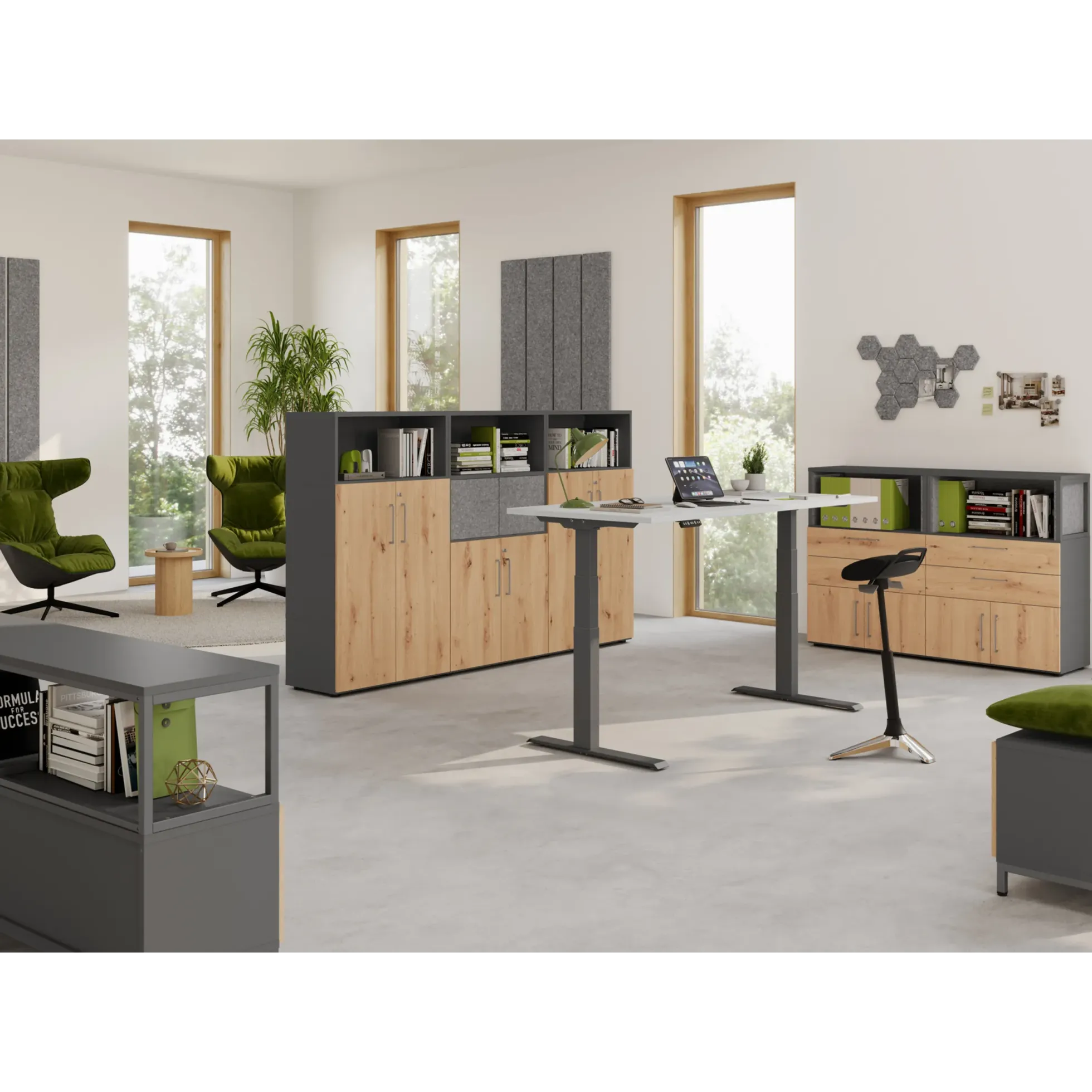 FlexWall | 2 OH | Türen + Korpus | mit Sockelgestell Graphit/Asteiche
