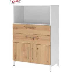 FlexWall | 3 OH | Türen + Schübe + Korpus | mit Sockelgestell Weiß/Asteiche