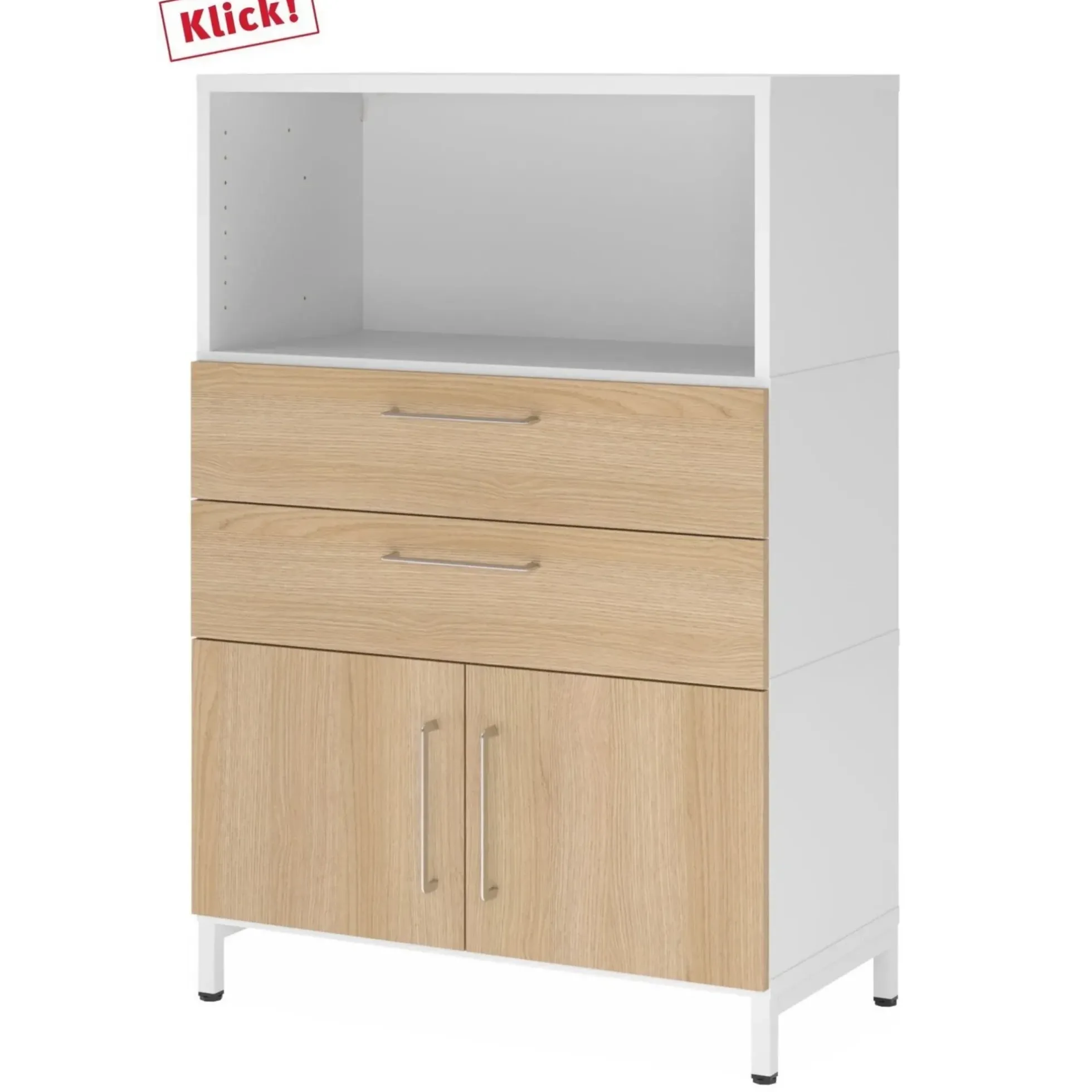 FlexWall | 3 OH | Türen + Schübe + Korpus | mit Sockelgestell Weiß/Eiche