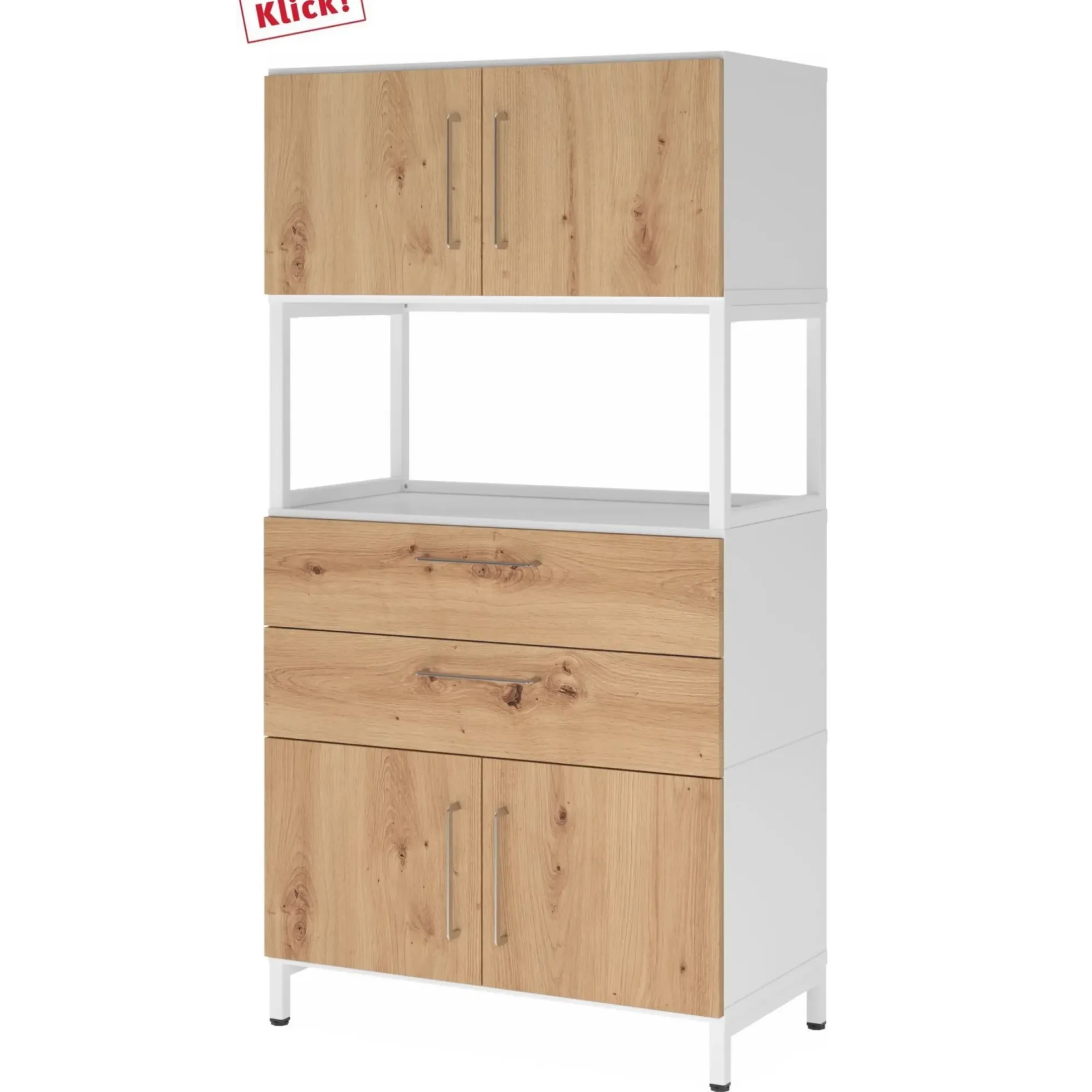 FlexWall | 4 OH | 2 x Türen + Schübe + Rahmen | mit Sockelgestell Weiß/Asteiche