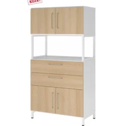 FlexWall | 4 OH | 2 x Türen + Schübe + Rahmen | mit Sockelgestell Weiß/Eiche