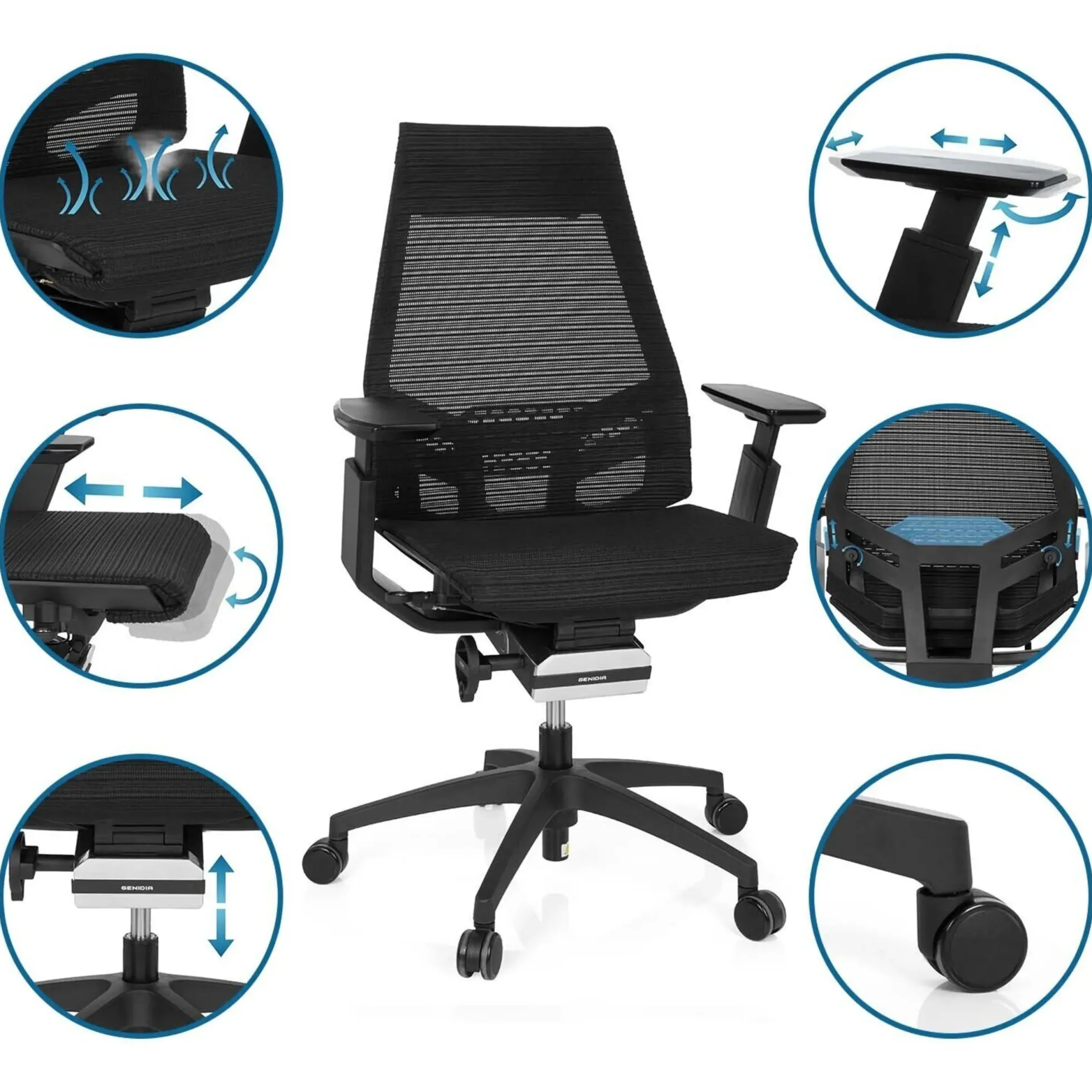 GENIDIA SMART BLACK | Netz - Profi Bürostuhl Schwarz