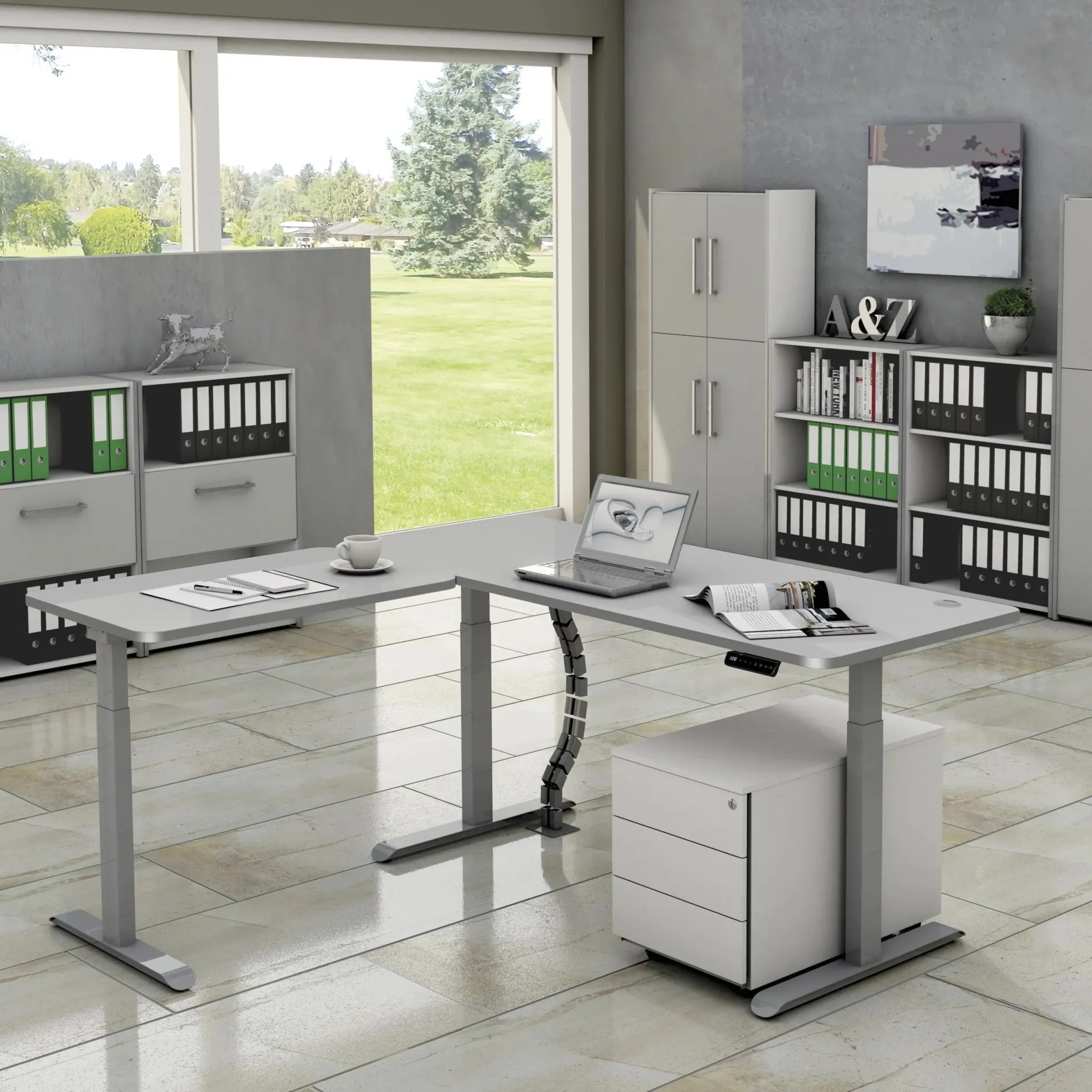 MOVE 3 Premium B 180 | 180x180 | Schreibtisch elektrisch höhenverstellbar - Stehschreibtisch Weiß/Grau