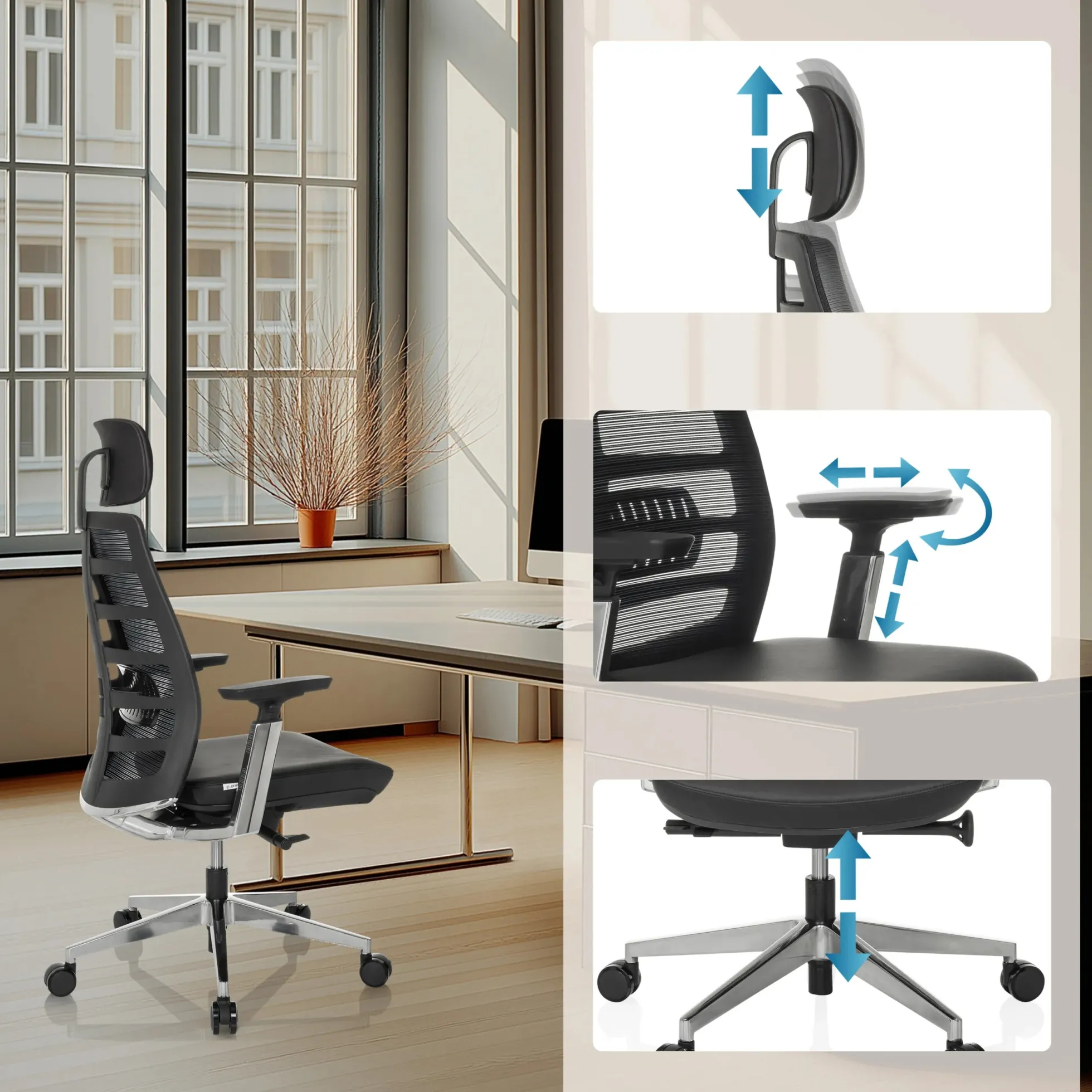 SPINIO ELITE L | Leder/Netz - High End Bürostuhl Schwarz