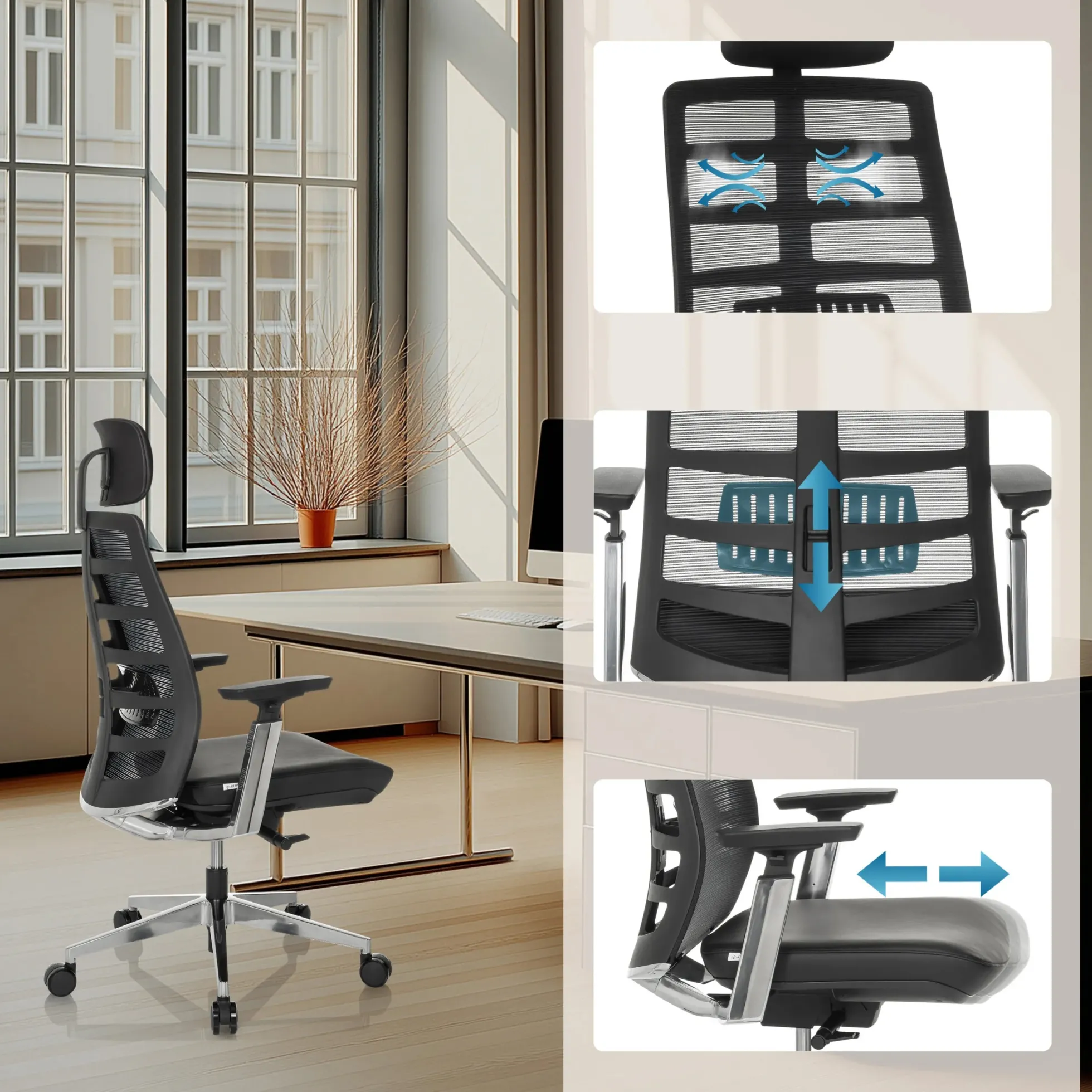 SPINIO ELITE L | Leder/Netz - High End Bürostuhl Schwarz