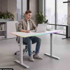 Worktime LED | 120x60 - Elektrisch höhenverstellbarer Schreibtisch Weiß/Weiß