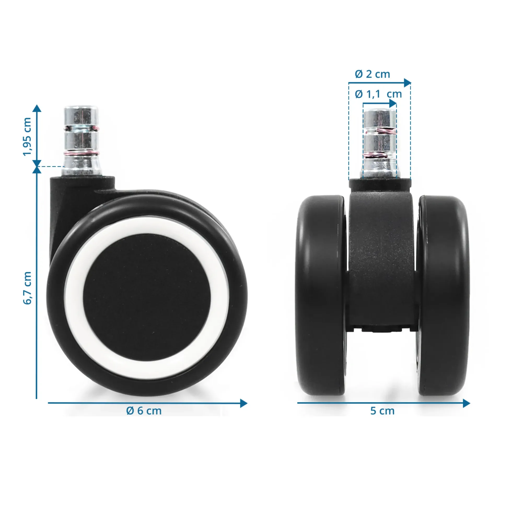 5x ROLO COLOR 60 11mm/60mm | Hartböden - Stuhlrollen Schwarz/Weiß