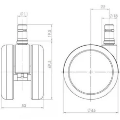 5x ROLO LUX 11mm/65mm | Hartböden - Stuhlrollen Chrom/Schwarz