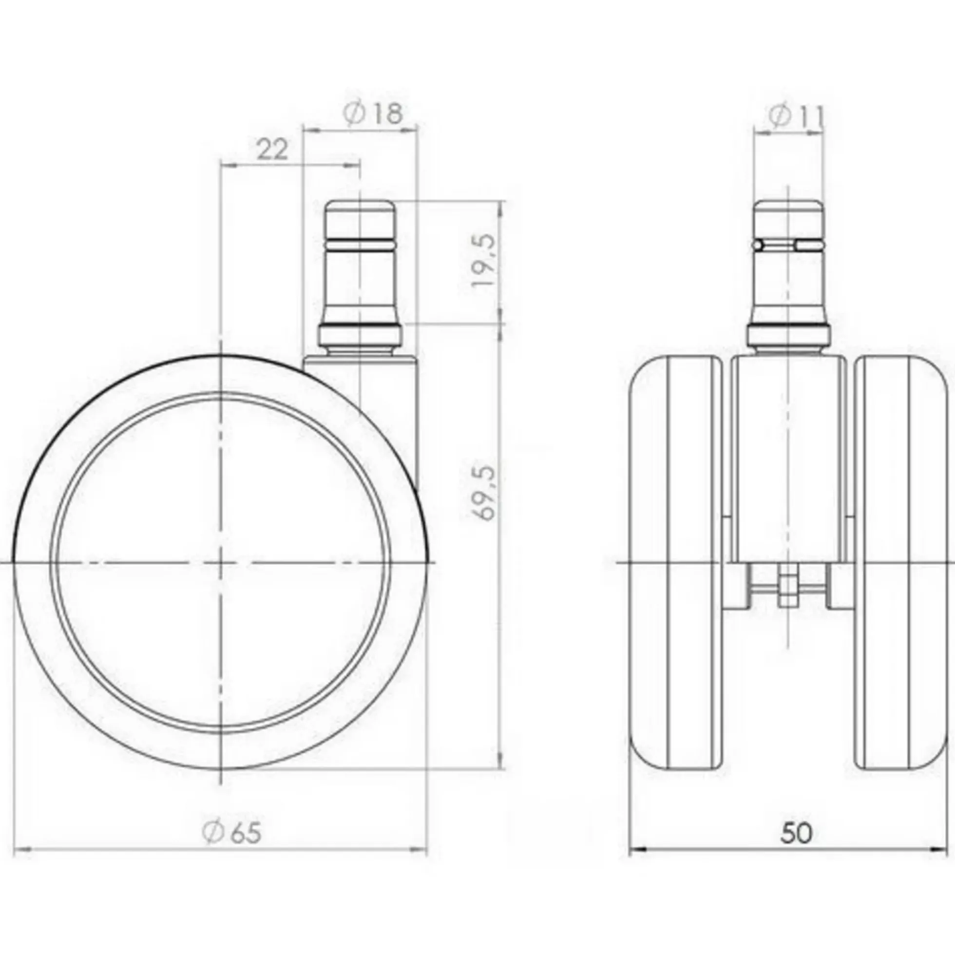5x ROLO 11mm/65mm | Hartböden - Stuhlrollen Schwarz