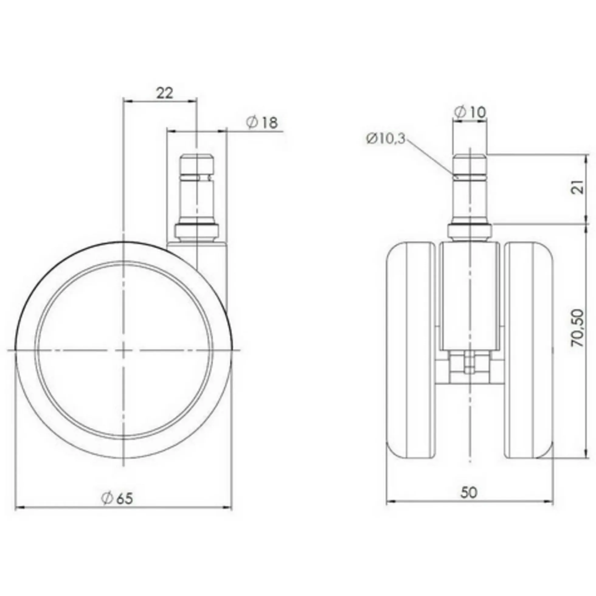 5x ROLO 10mm/65mm | Hartböden - Stuhlrollen Schwarz