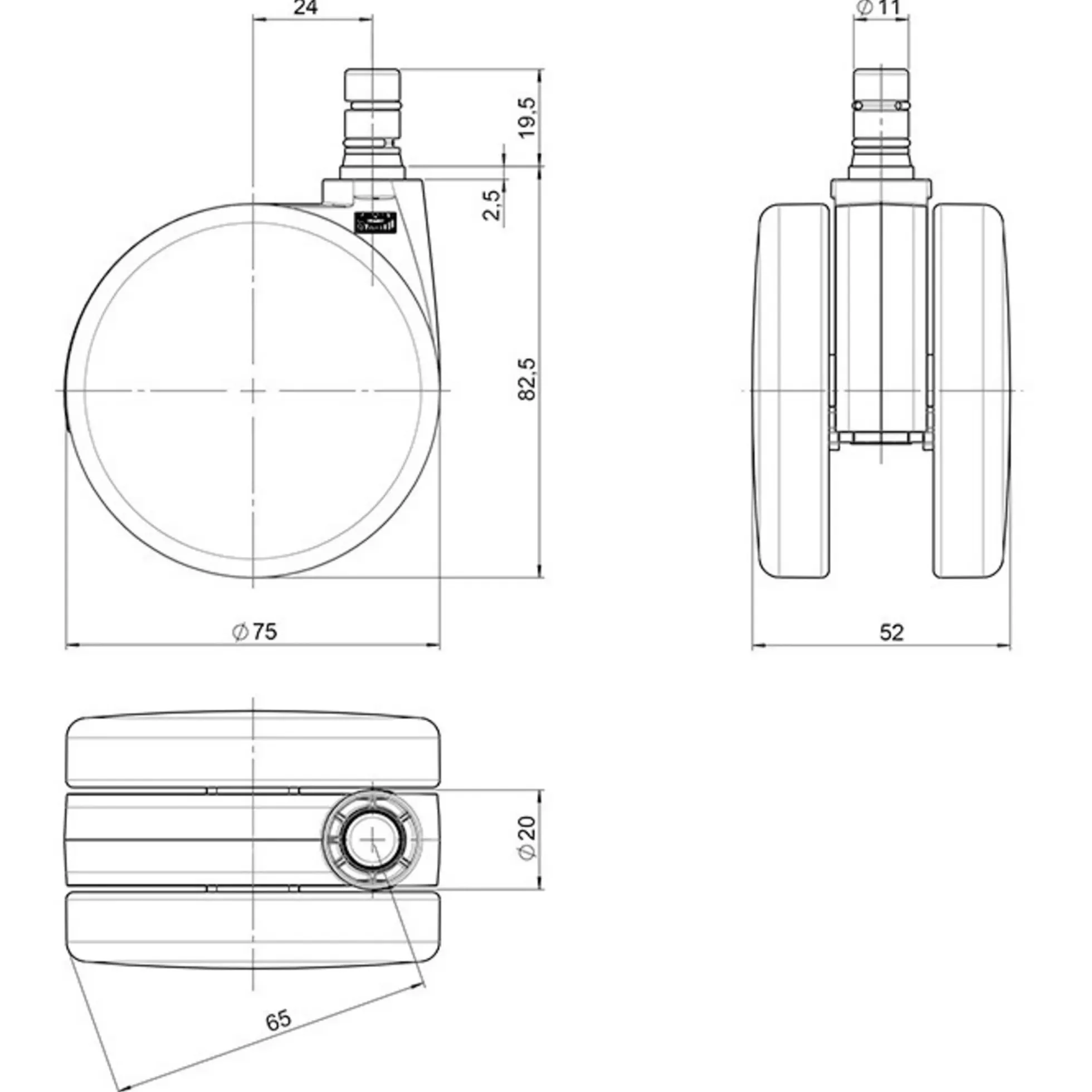 5x ROLO No-Noise 11mm/75mm | Teppichböden - Stuhlrollen Schwarz