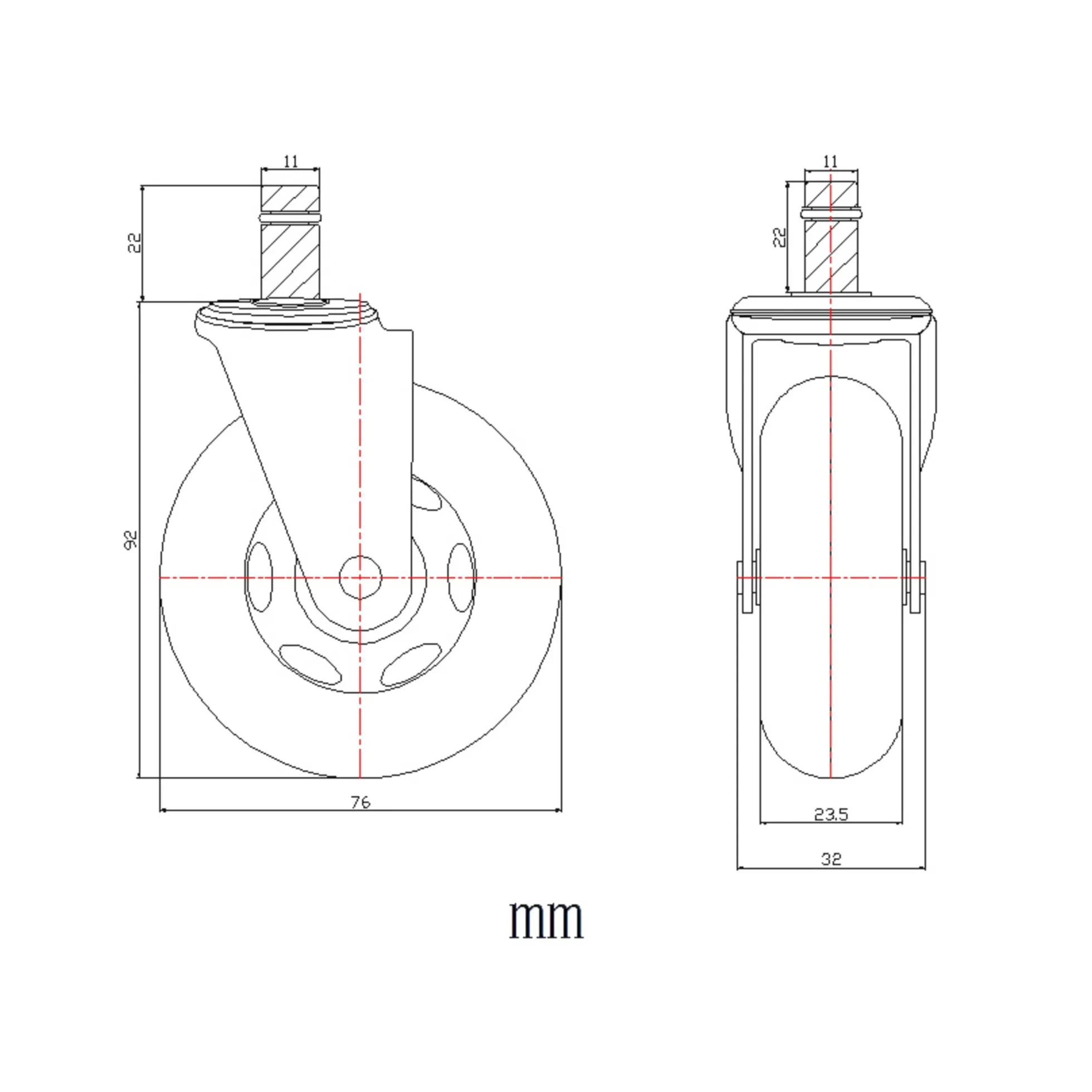 5x ROLO SKATE ST 11mm/75mm | Hartböden - Stuhlrollen Schwarz/Transparent